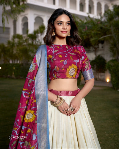 Pink Jacquard Silk Kalamkari Printed Lehenga Choli