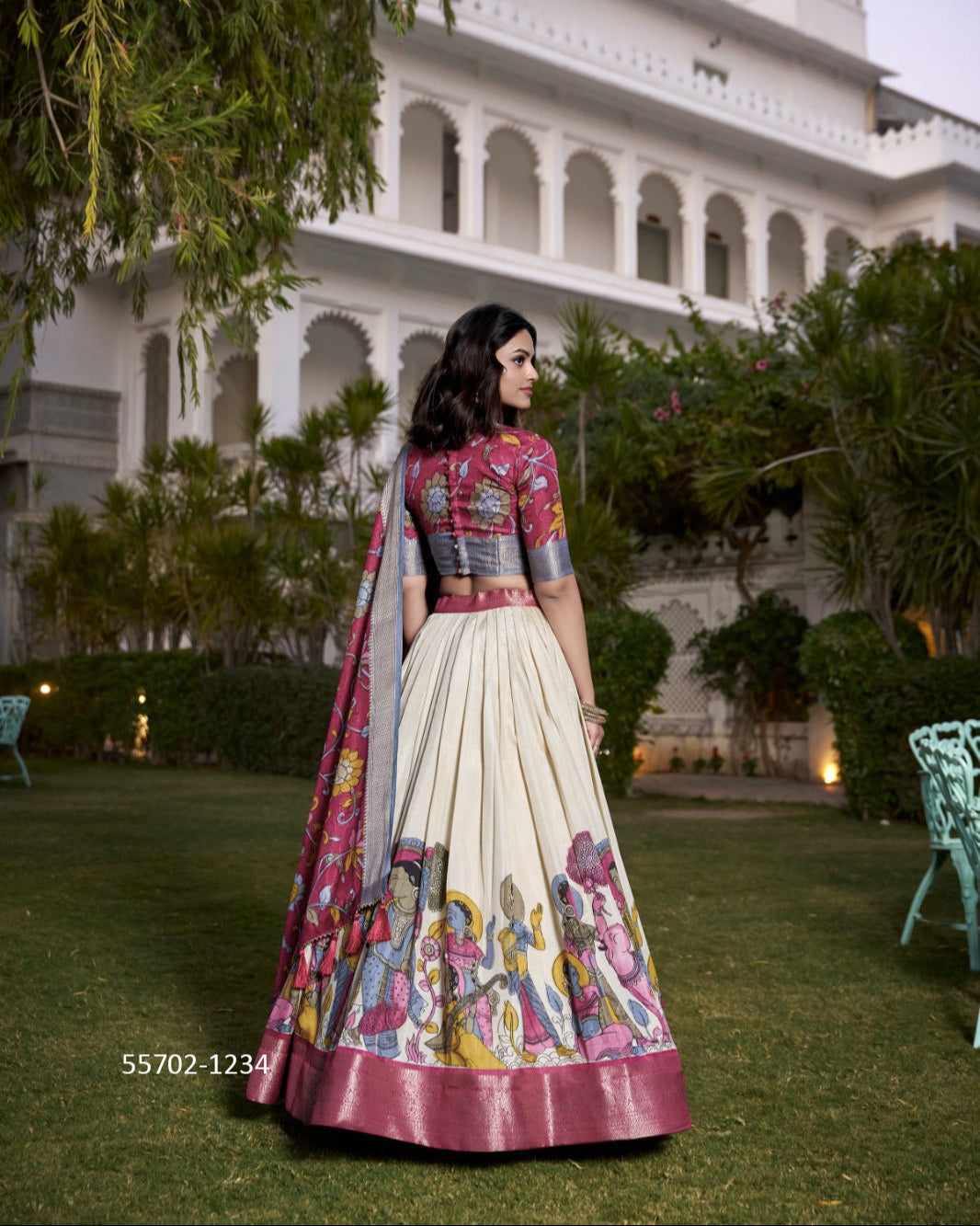 Pink Jacquard Silk Kalamkari Printed Lehenga Choli