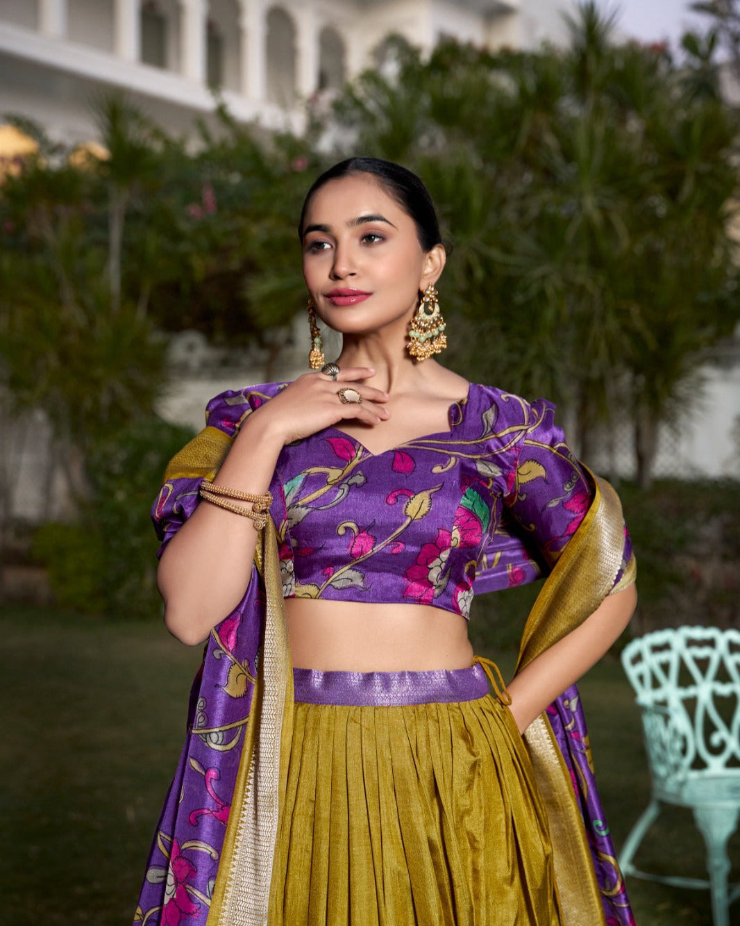 Lavender Jacquard Silk Kalamkari Printed Lehenga Choli