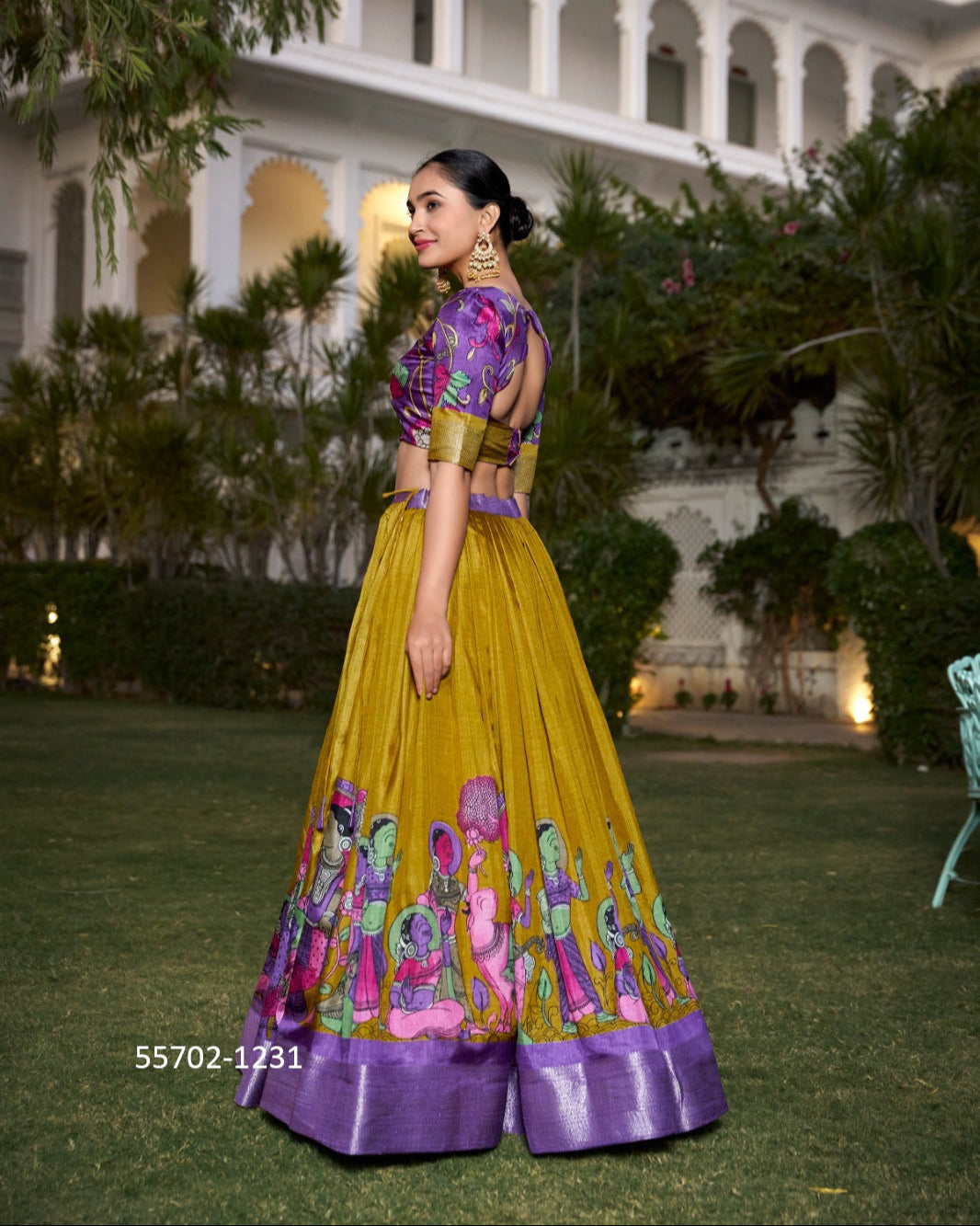 Lavender Jacquard Silk Kalamkari Printed Lehenga Choli