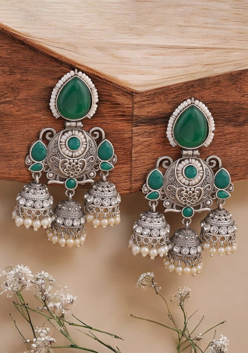 Oxidized Silver Plated Brass Earrings with Colorful Stone