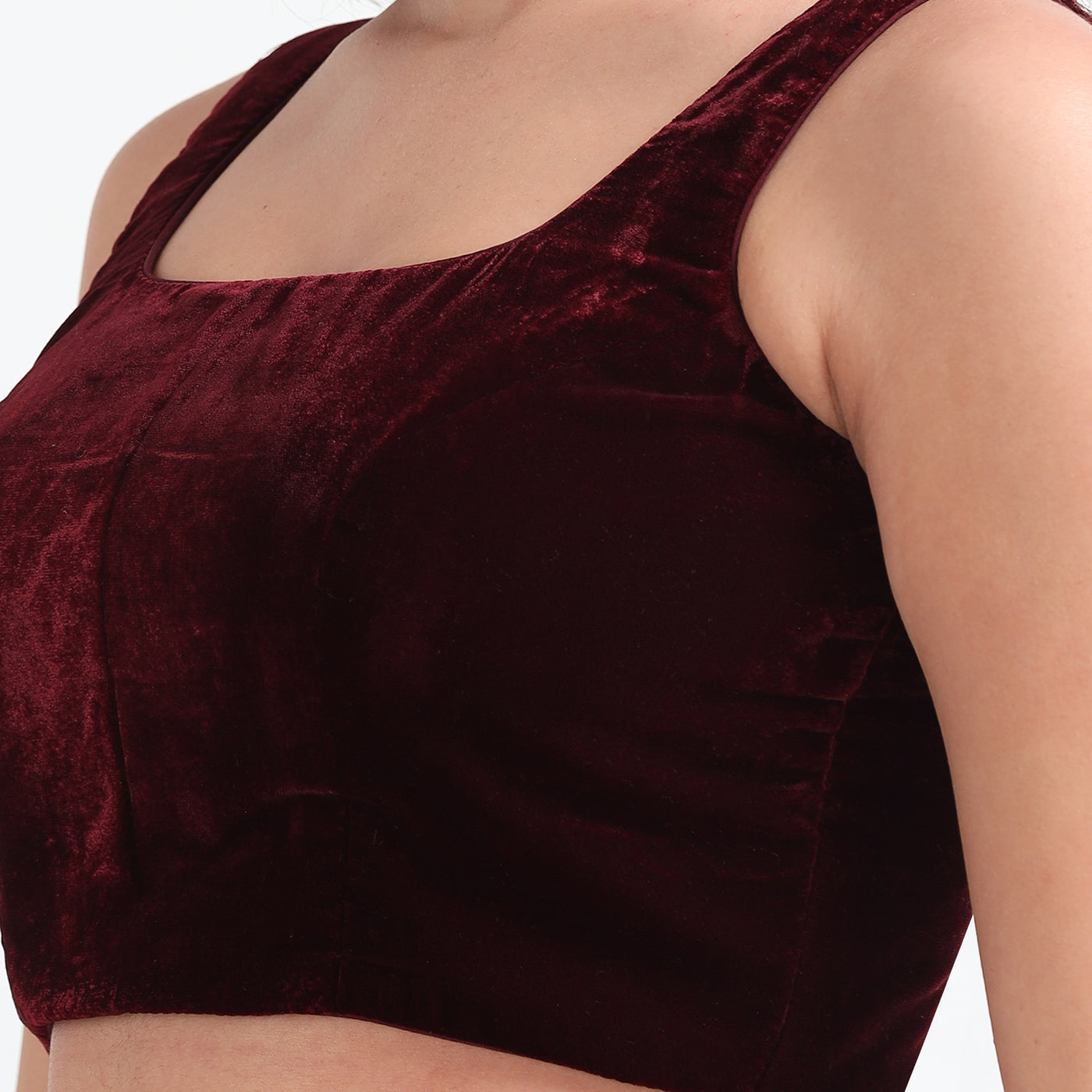 Premium Velvet Sleeveless Blouse with Deep Round Neckline – Elegant Readymade Blouse for Women