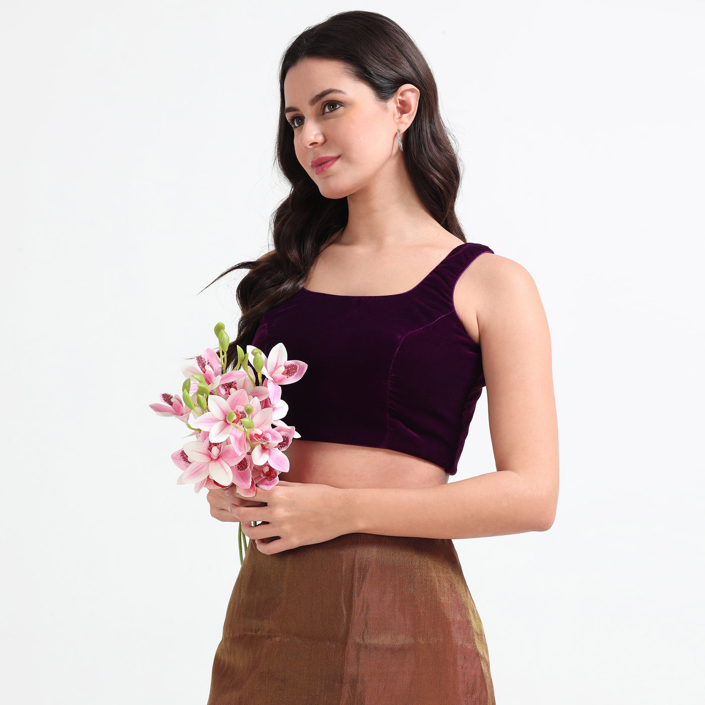 Premium Velvet Sleeveless Blouse with Deep Round Neckline – Elegant Readymade Blouse for Women