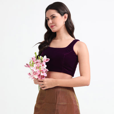 Premium Velvet Sleeveless Blouse with Deep Round Neckline – Elegant Readymade Blouse for Women