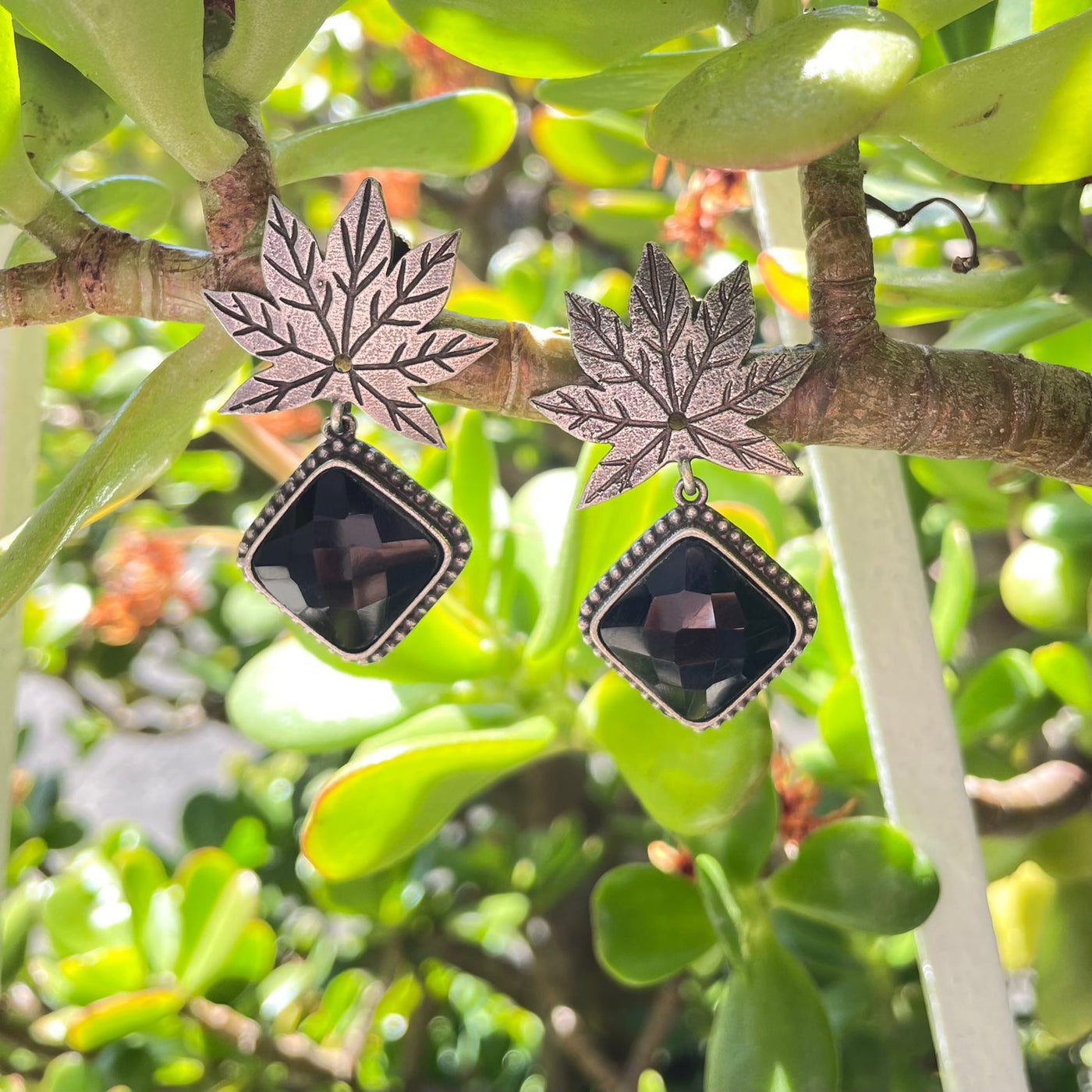Oxidized Silver Plated Leaf Drop Earrings