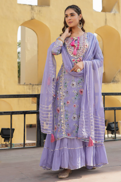 Purple Embroidered Kurti Top with stitched Skirt and Chiffon Dupatta