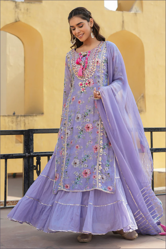 Purple Embroidered Kurti Top with stitched Skirt and Chiffon Dupatta