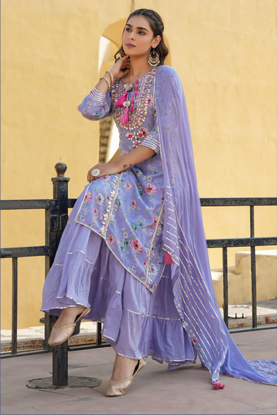 Purple Embroidered Kurti Top with stitched Skirt and Chiffon Dupatta