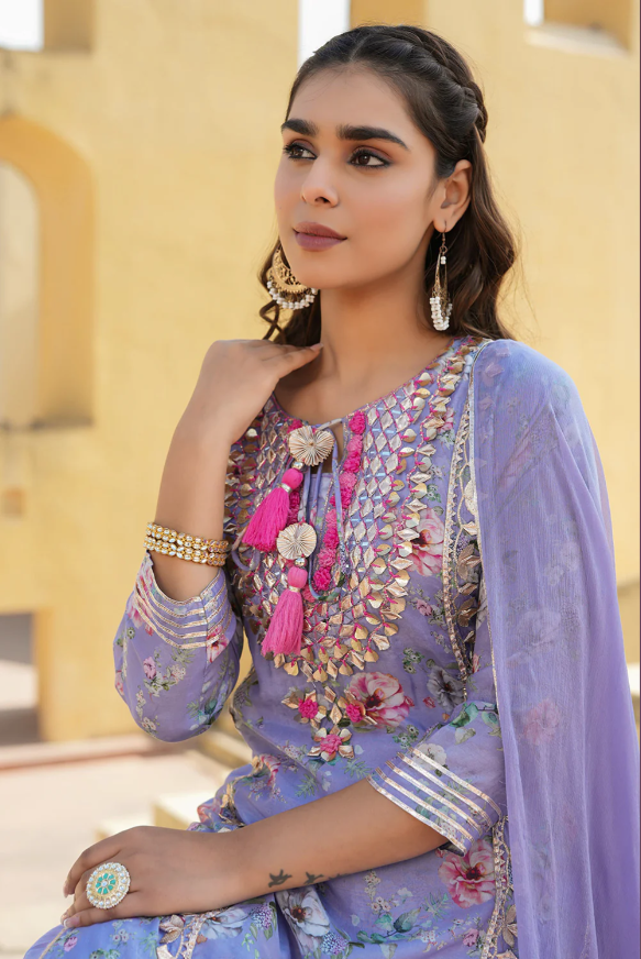 Purple Embroidered Kurti Top with stitched Skirt and Chiffon Dupatta