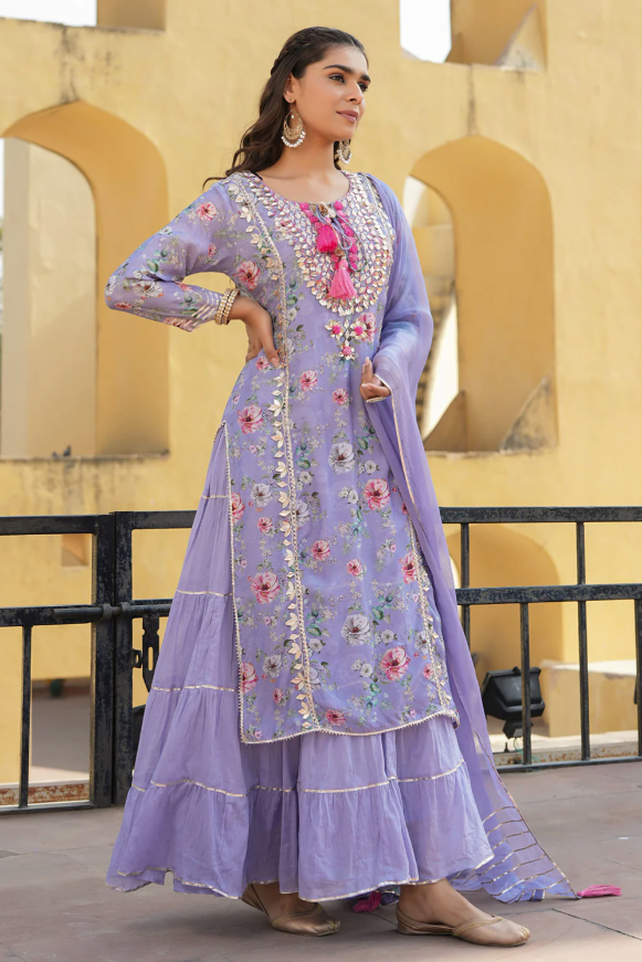 Purple Embroidered Kurti Top with stitched Skirt and Chiffon Dupatta