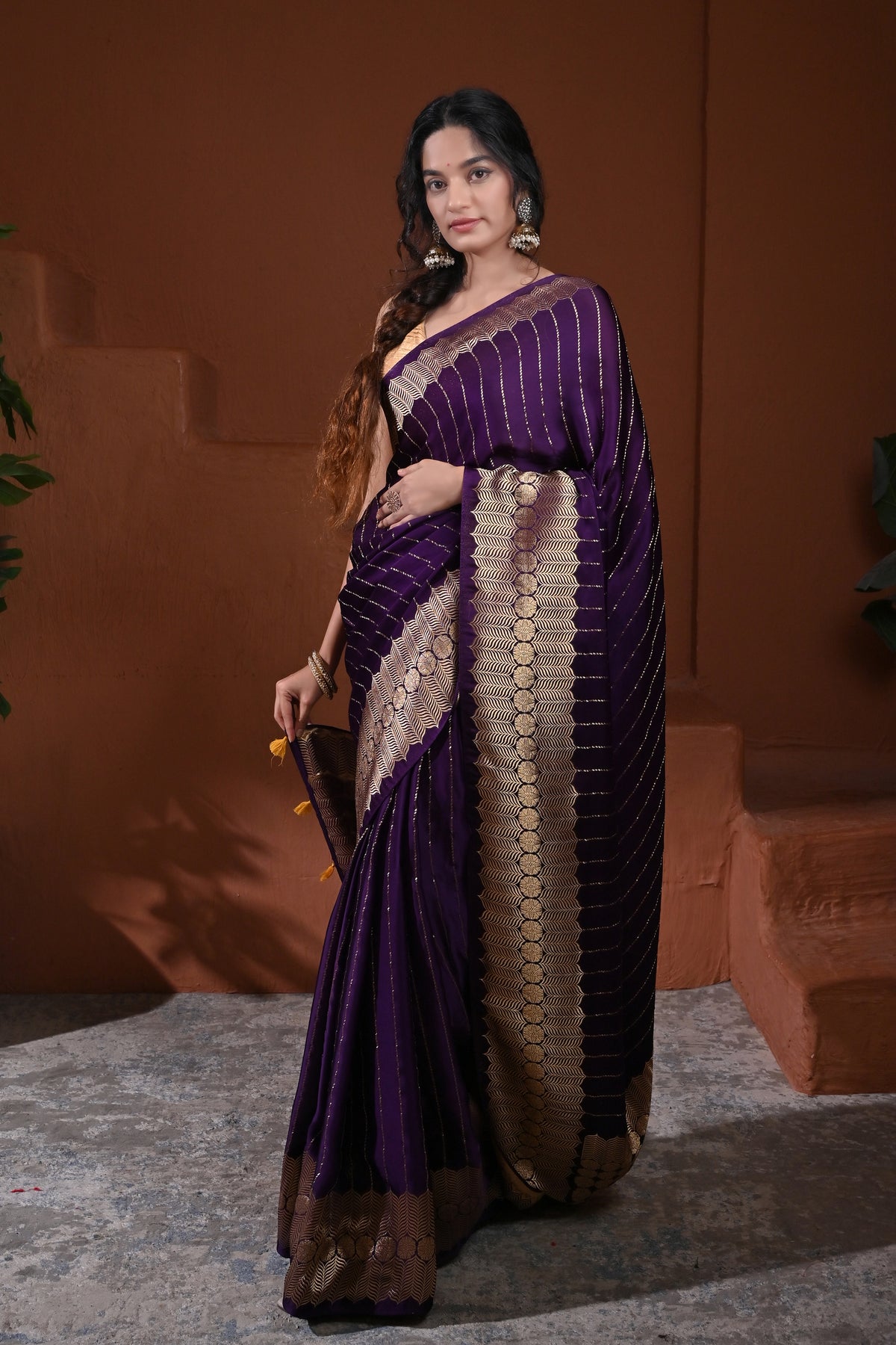 Sari: Crepe Striped Saree With Gold Border in purple by ALB