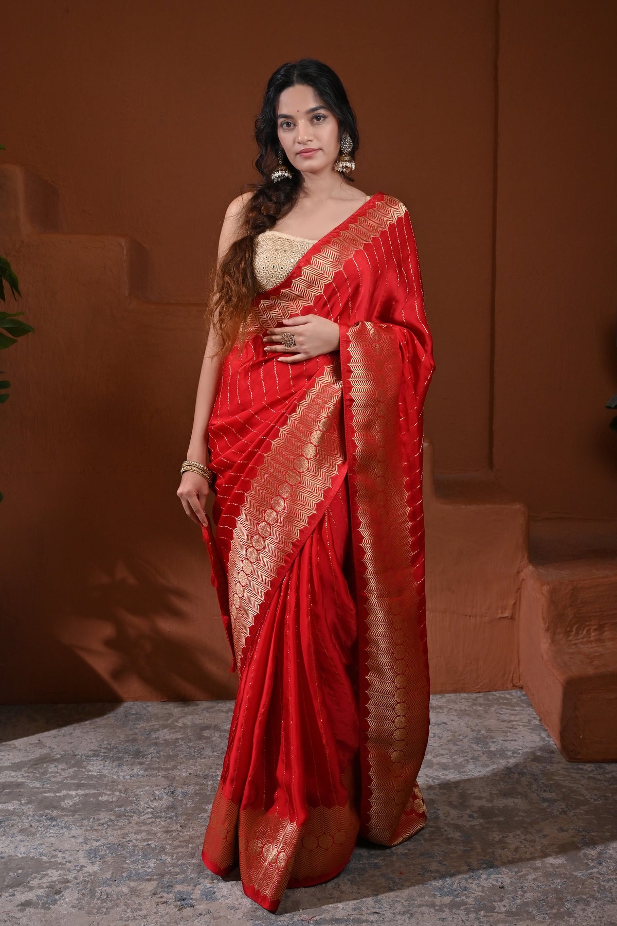 Sari: Crepe striped red saree with gold border by ALB.
