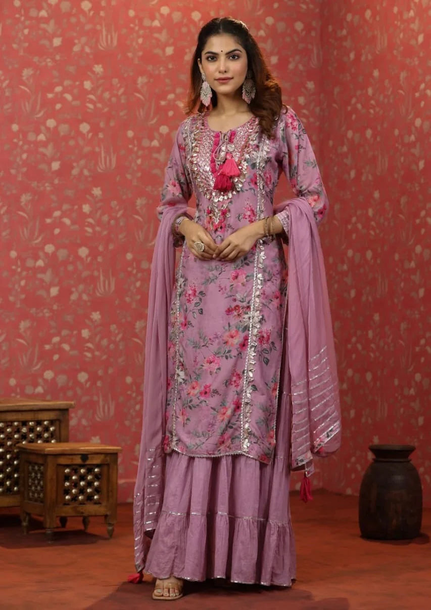 Mauve Color Muslin Embroidered & Floral Printed Gown Set With Stitched Skirt