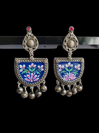 Antique Oxidized Silver Plated Brass Earrings with Jhumka Accents