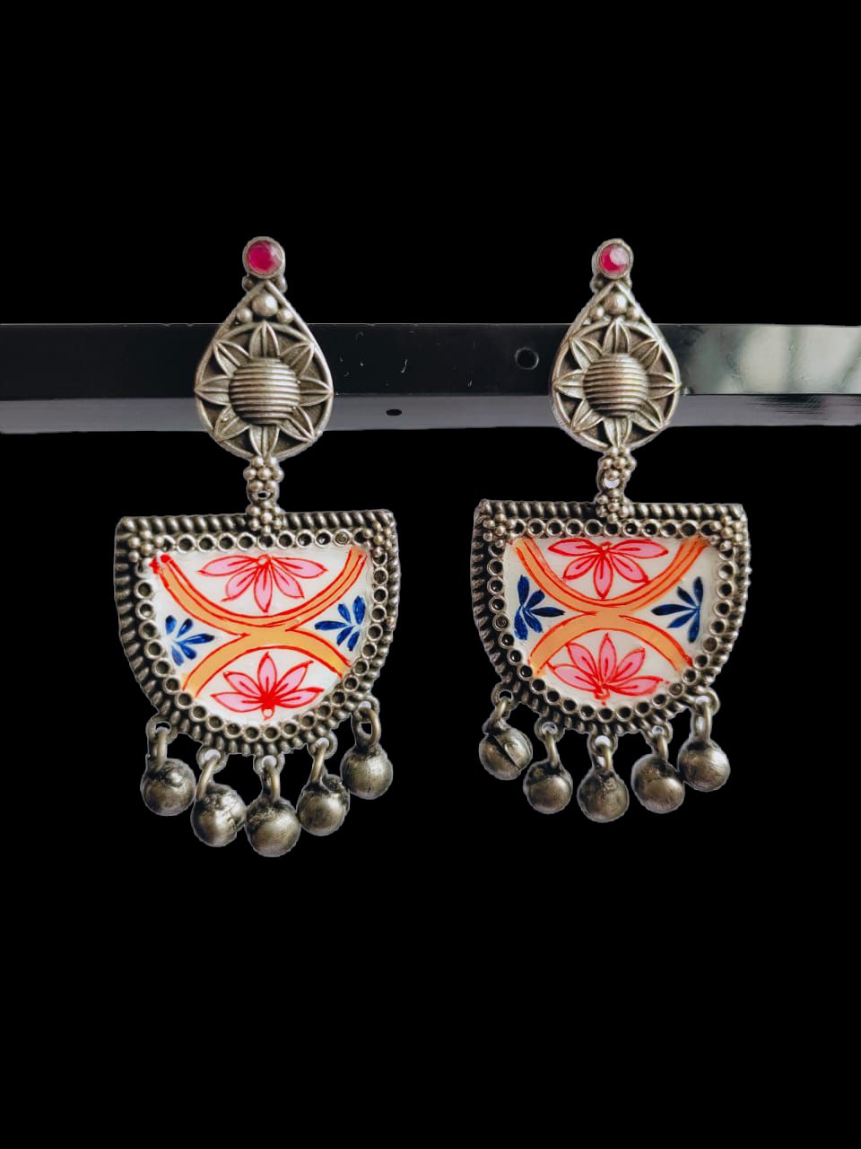 Antique Oxidized Silver Plated Brass Earrings with Jhumka Accents