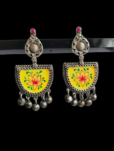 Antique Oxidized Silver Plated Brass Earrings with Jhumka Accents
