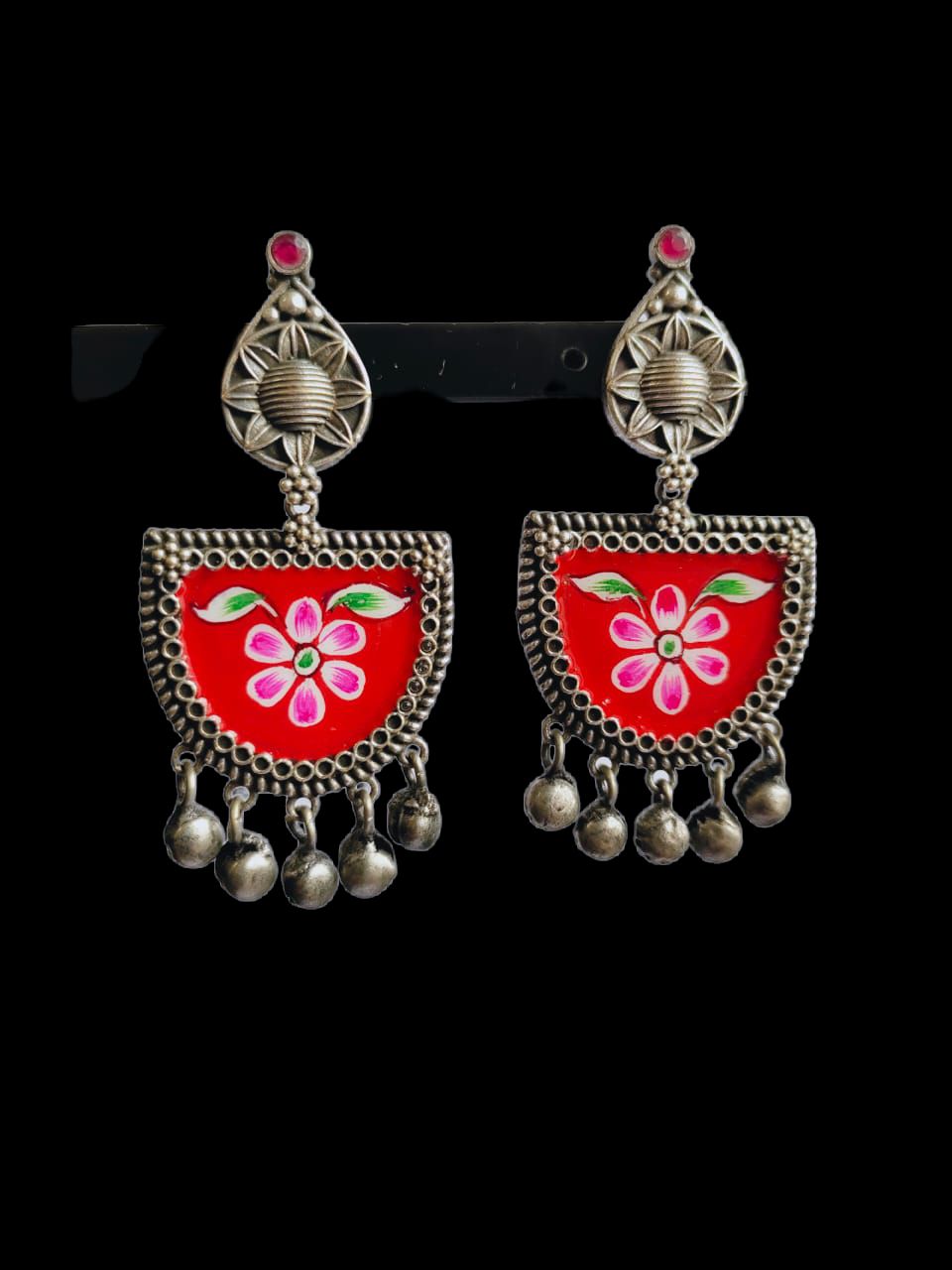 Antique Oxidized Silver Plated Brass Earrings with Jhumka Accents