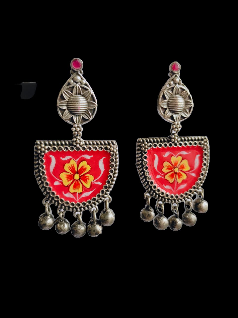 Antique Oxidized Silver Plated Brass Earrings with Jhumka Accents