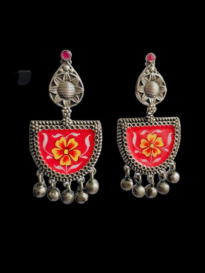 Antique Oxidized Silver Plated Brass Earrings with Jhumka Accents