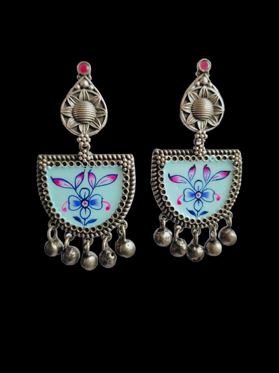 Antique Oxidized Silver Plated Brass Earrings with Jhumka Accents