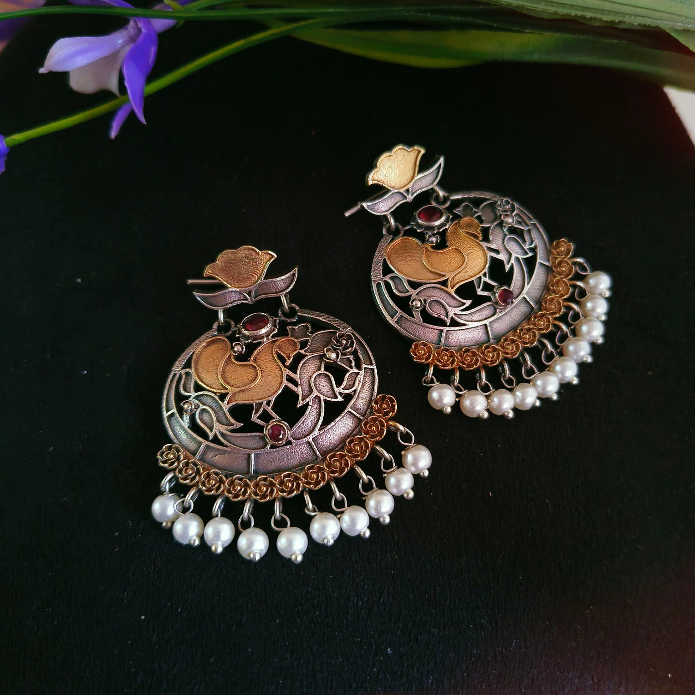 Antique Oxidized Silver Dual-Tone Peacock & Floral Dangler Earrings
