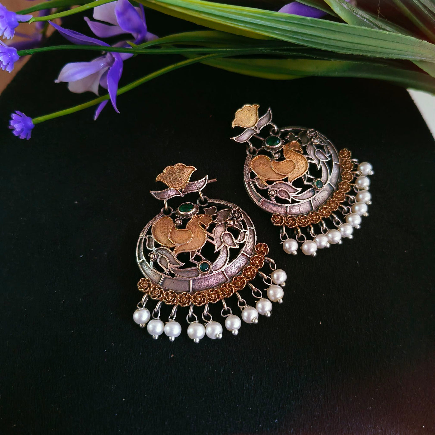 Antique Oxidized Silver Dual-Tone Peacock & Floral Dangler Earrings