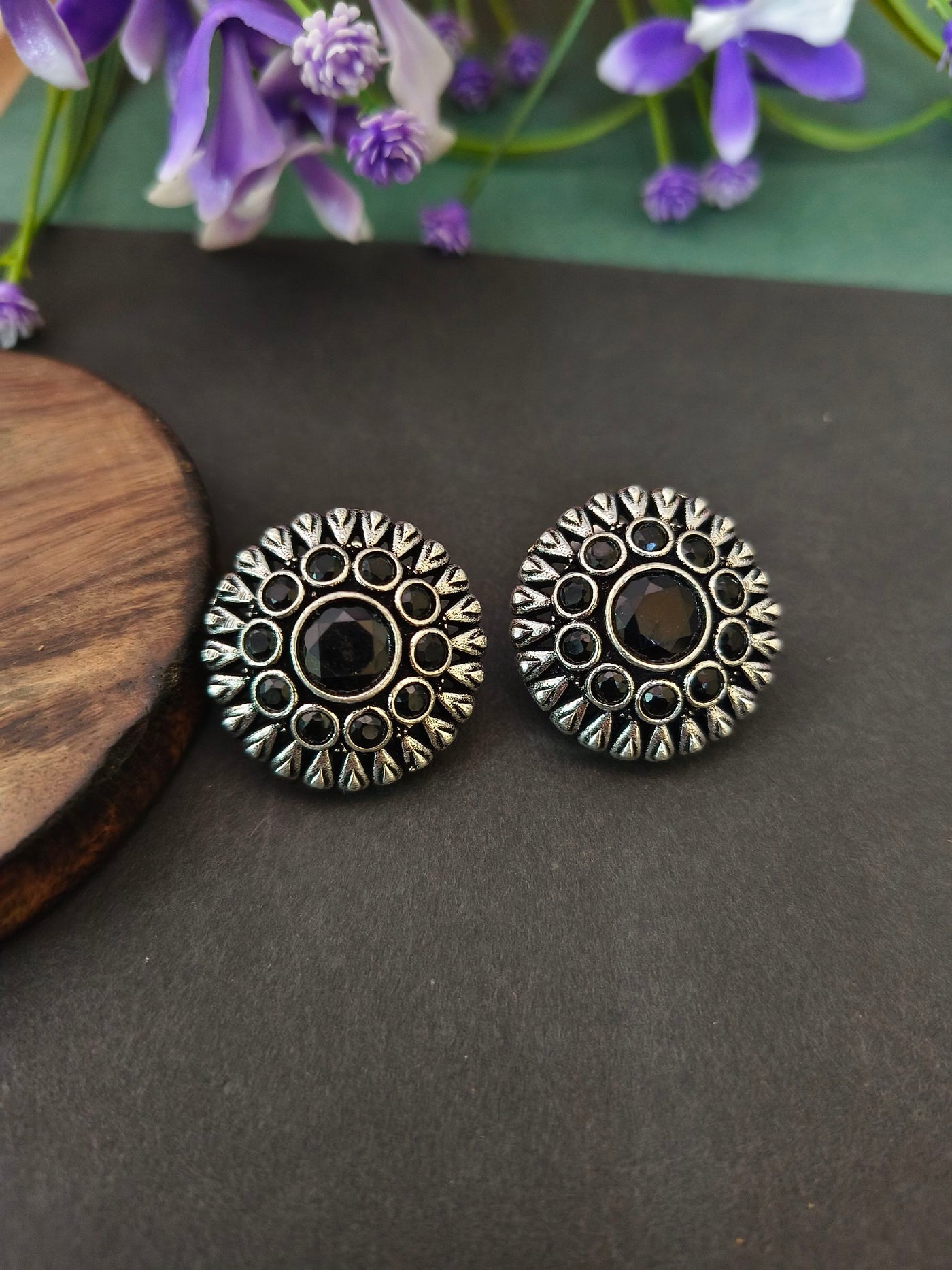 Oxidized Silver Plated Round Stud Earrings
