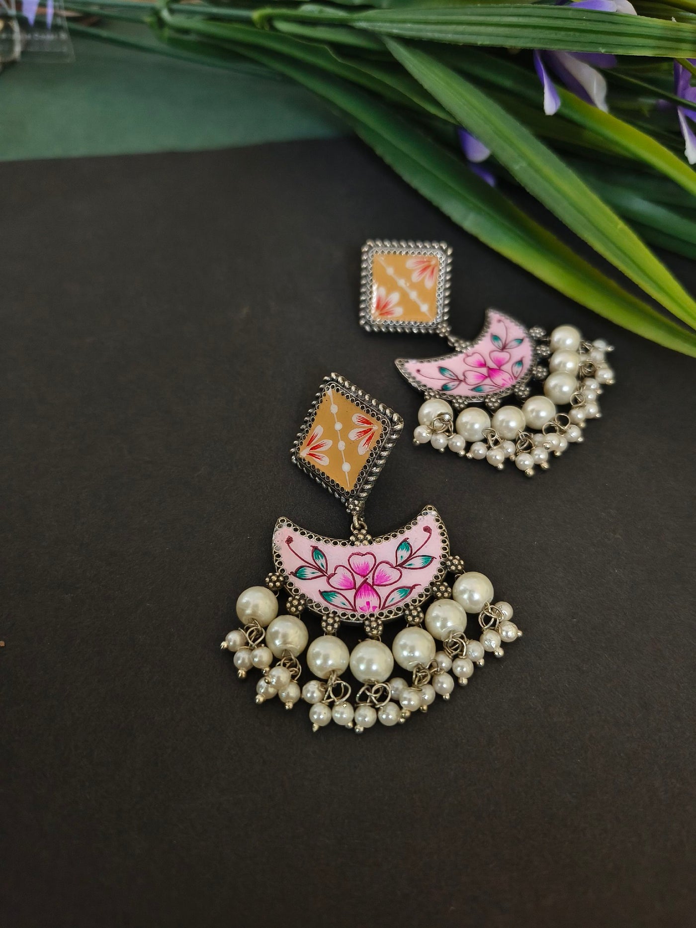 Handpainted Geometric Earrings with Oxidized Pearl Accents