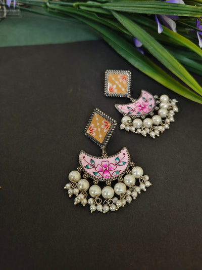 Handpainted Geometric Earrings with Oxidized Pearl Accents