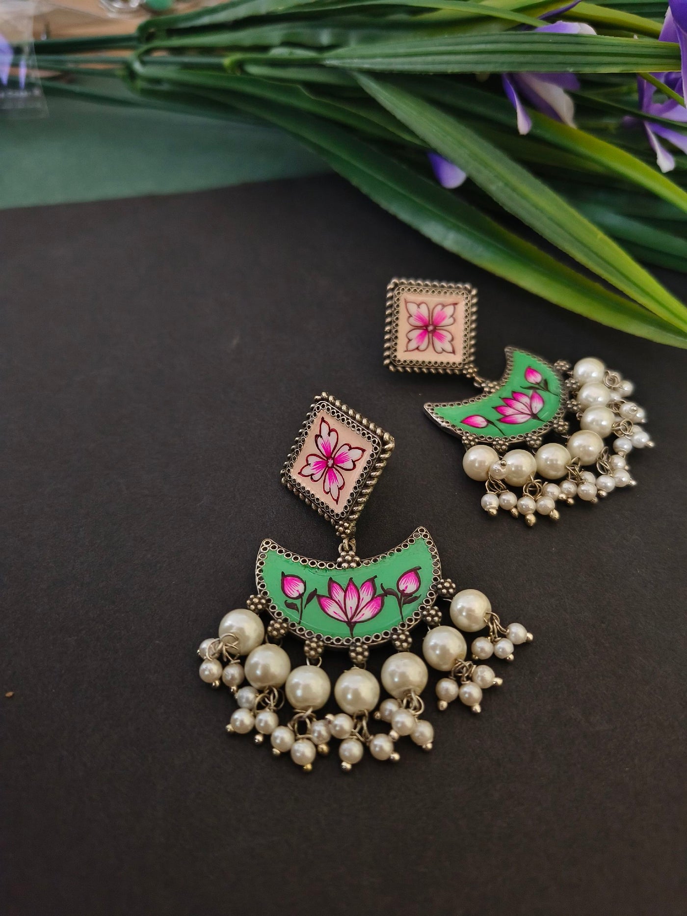 Handpainted Geometric Earrings with Oxidized Pearl Accents