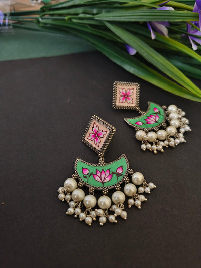 Handpainted Geometric Earrings with Oxidized Pearl Accents