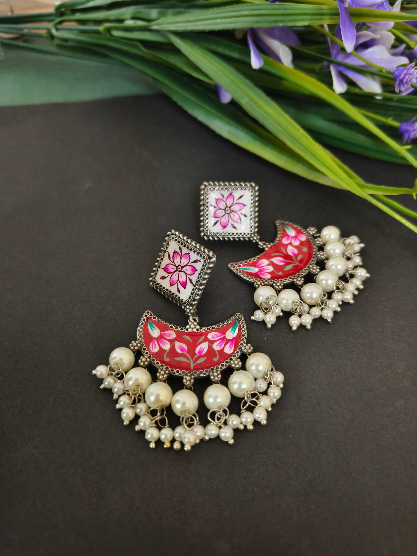 Handpainted Geometric Earrings with Oxidized Pearl Accents