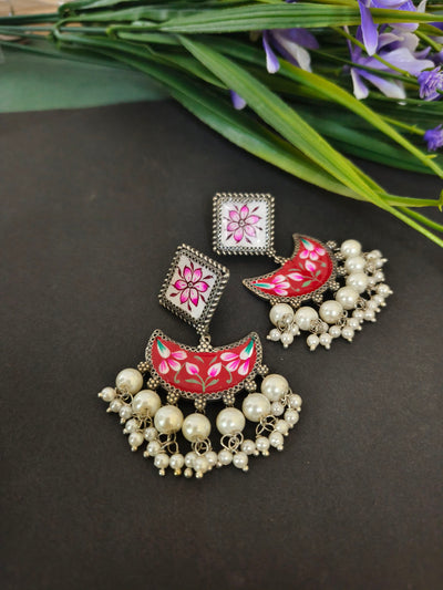 Handpainted Geometric Earrings with Oxidized Pearl Accents