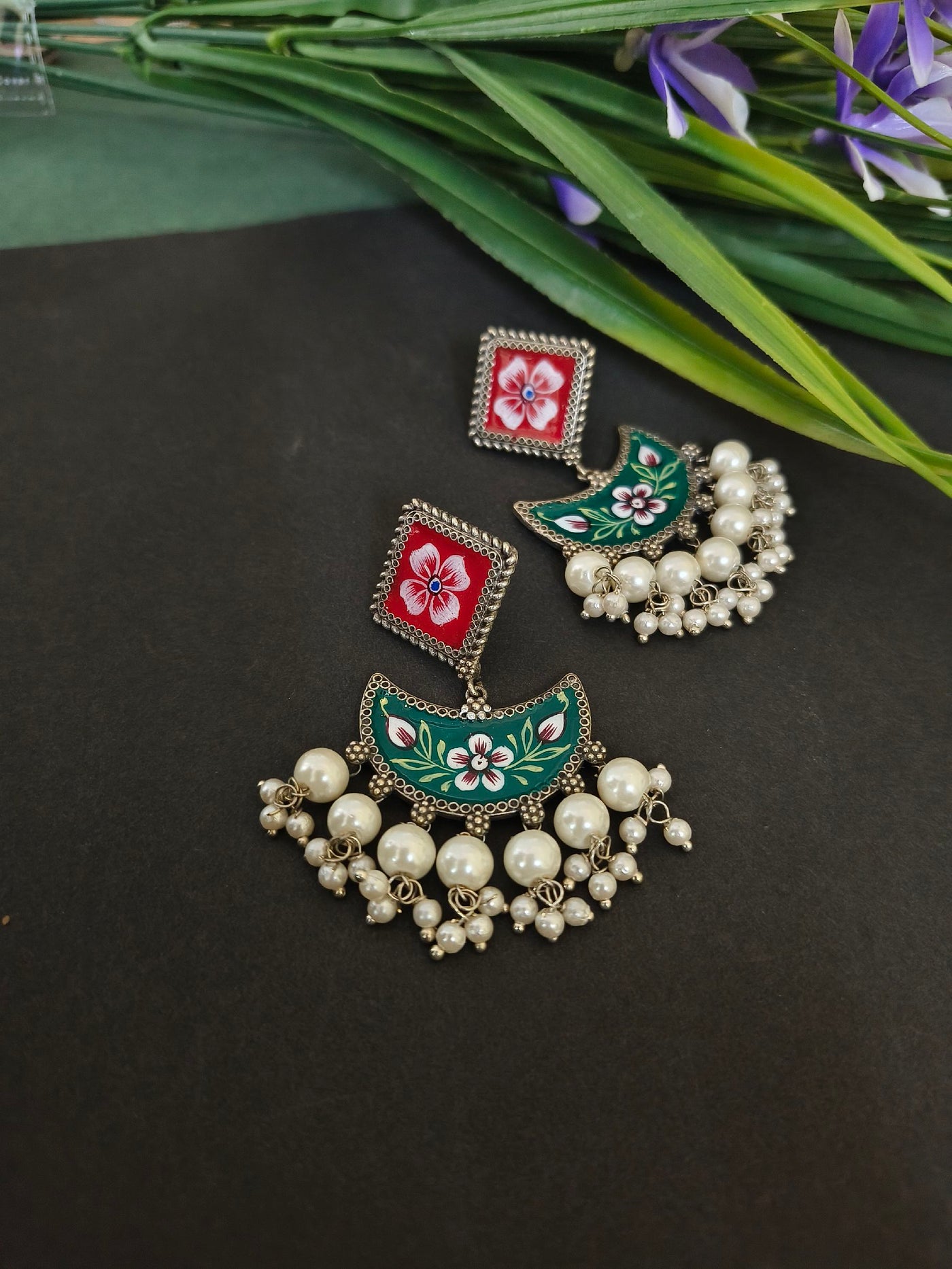 Handpainted Geometric Earrings with Oxidized Pearl Accents
