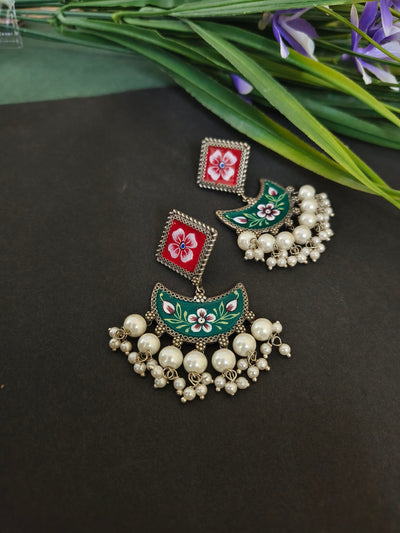 Handpainted Geometric Earrings with Oxidized Pearl Accents