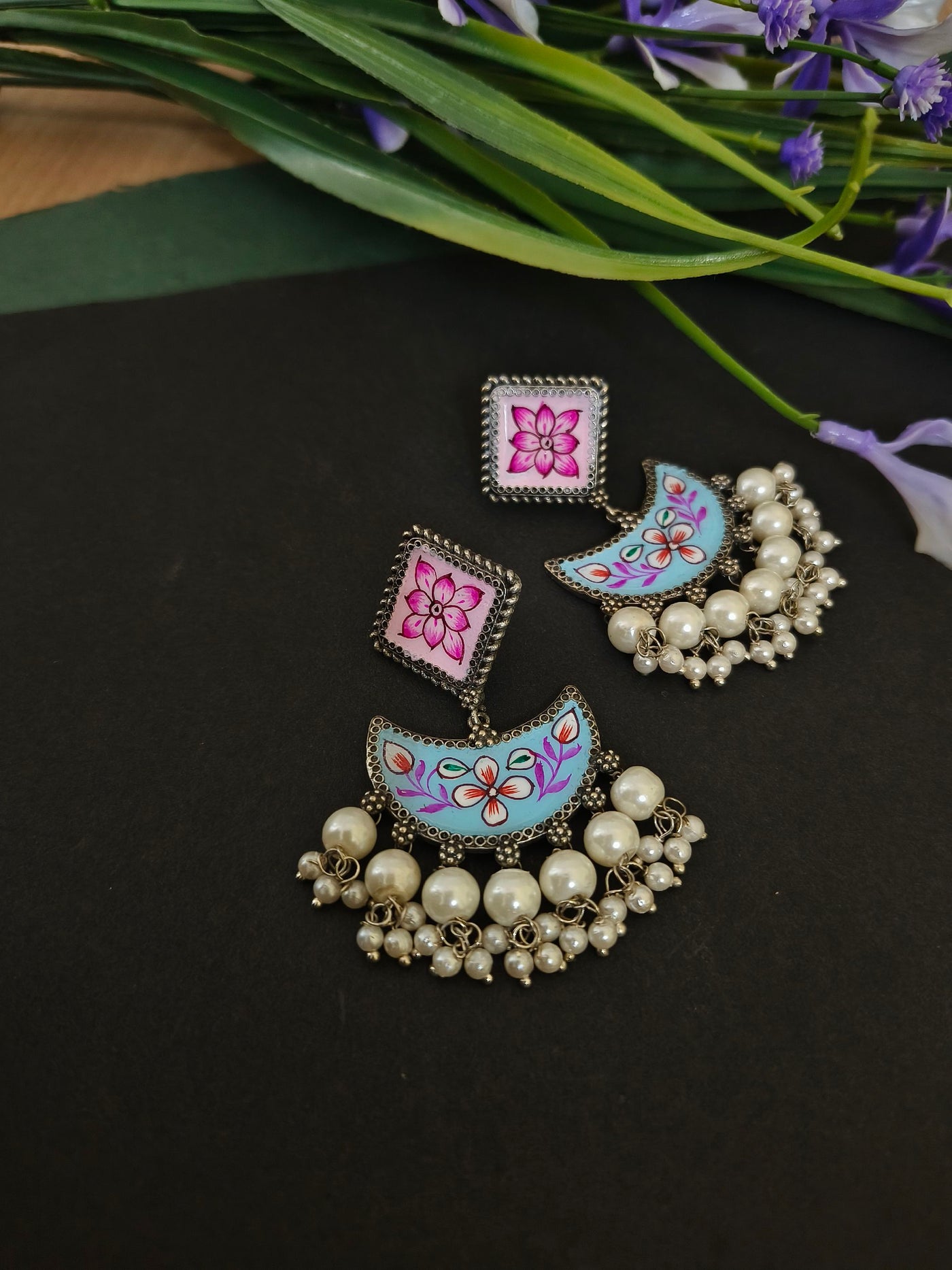 Handpainted Geometric Earrings with Oxidized Pearl Accents