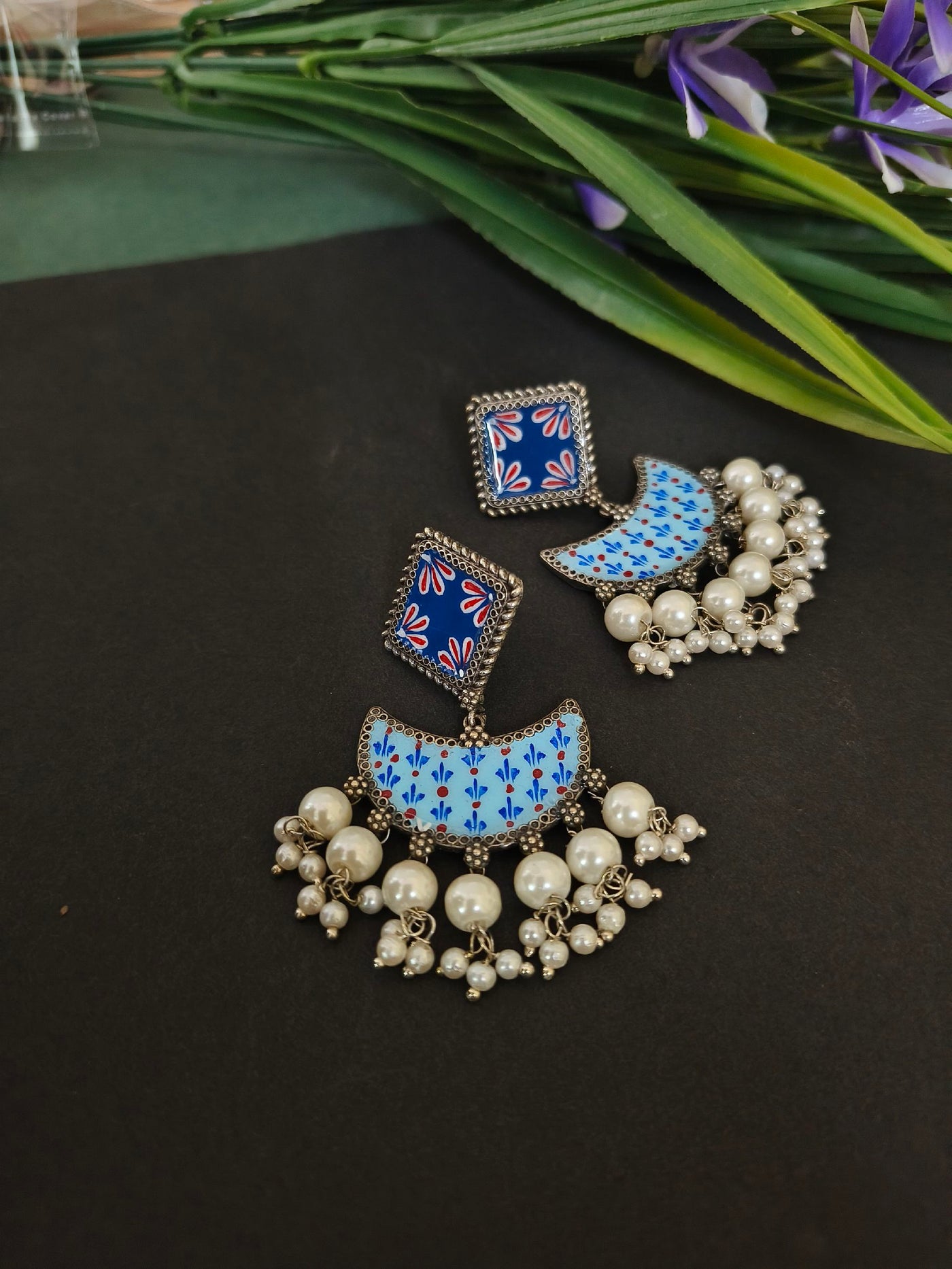 Handpainted Geometric Earrings with Oxidized Pearl Accents