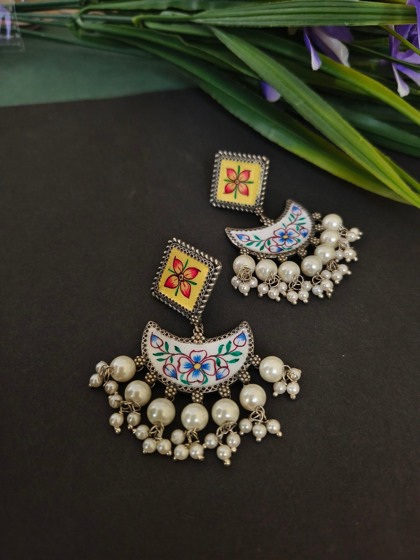 Handpainted Geometric Earrings with Oxidized Pearl Accents