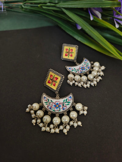 Handpainted Geometric Earrings with Oxidized Pearl Accents