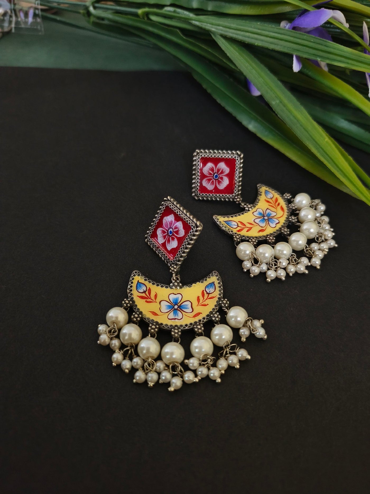 Handpainted Geometric Earrings with Oxidized Pearl Accents