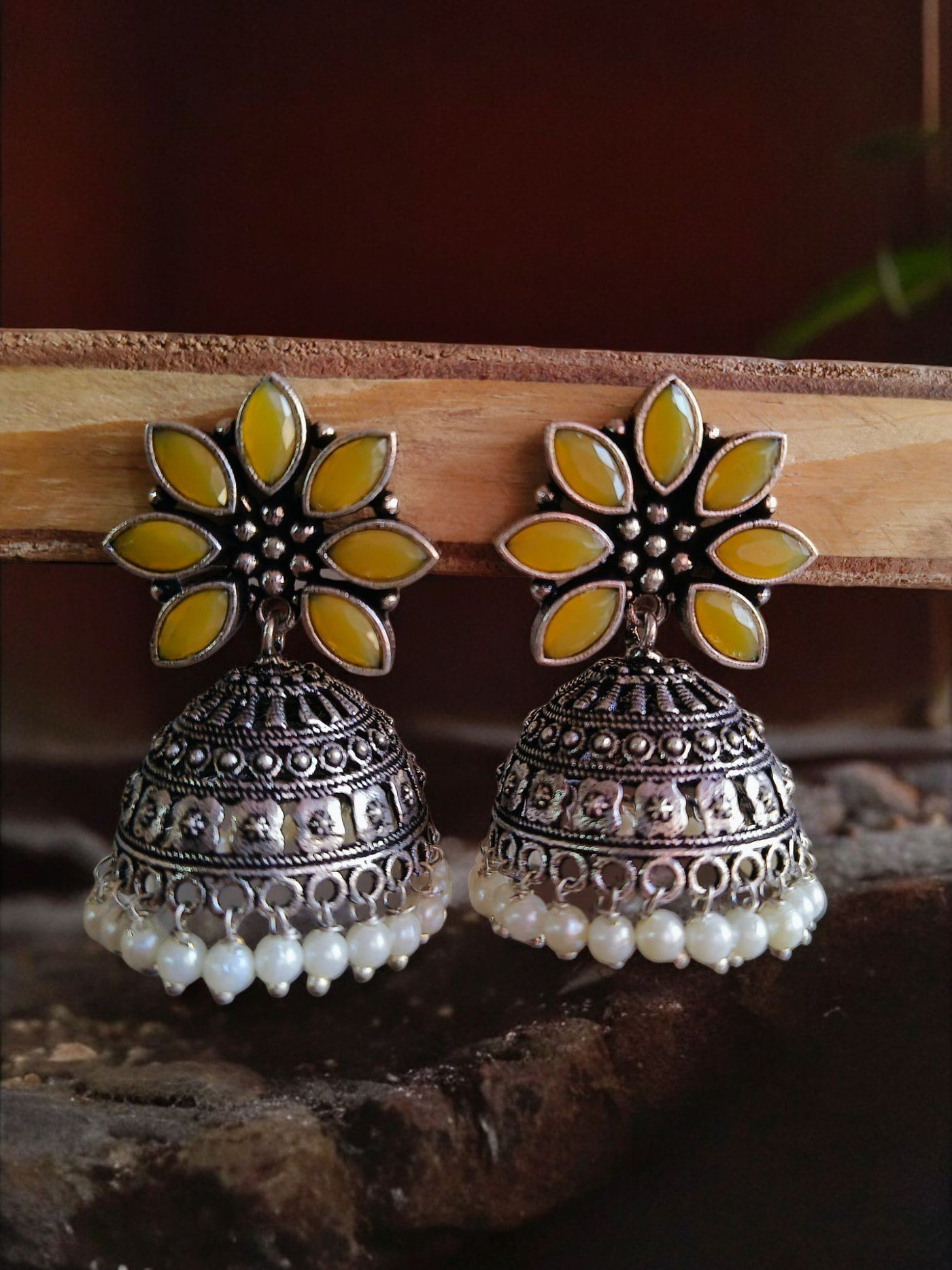 Oxidized Silver Plated Floral Dome Earrings