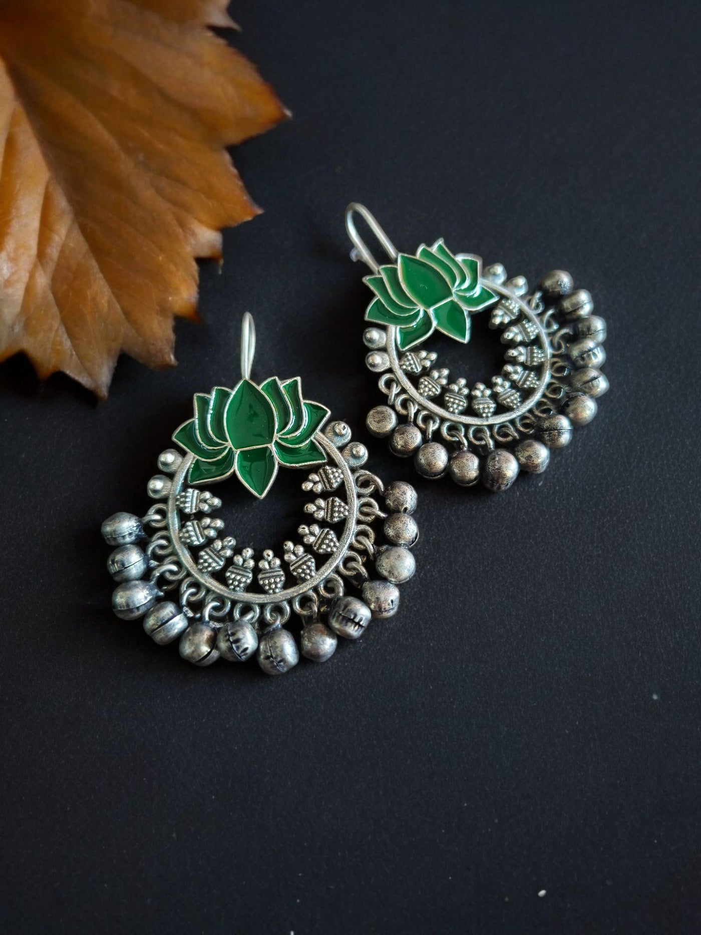 Lotus Design Antique Oxidized Silver Plated Brass Earrings