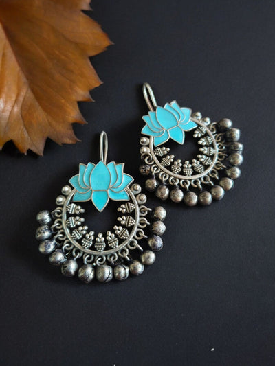 Lotus Design Antique Oxidized Silver Plated Brass Earrings