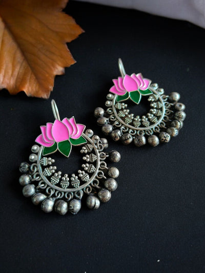 Lotus Design Antique Oxidized Silver Plated Brass Earrings