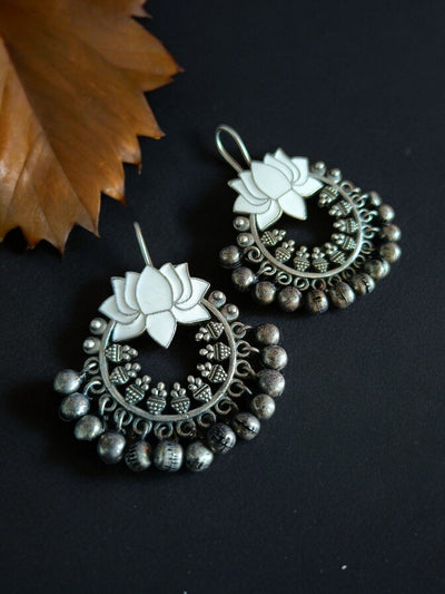 Lotus Design Antique Oxidized Silver Plated Brass Earrings