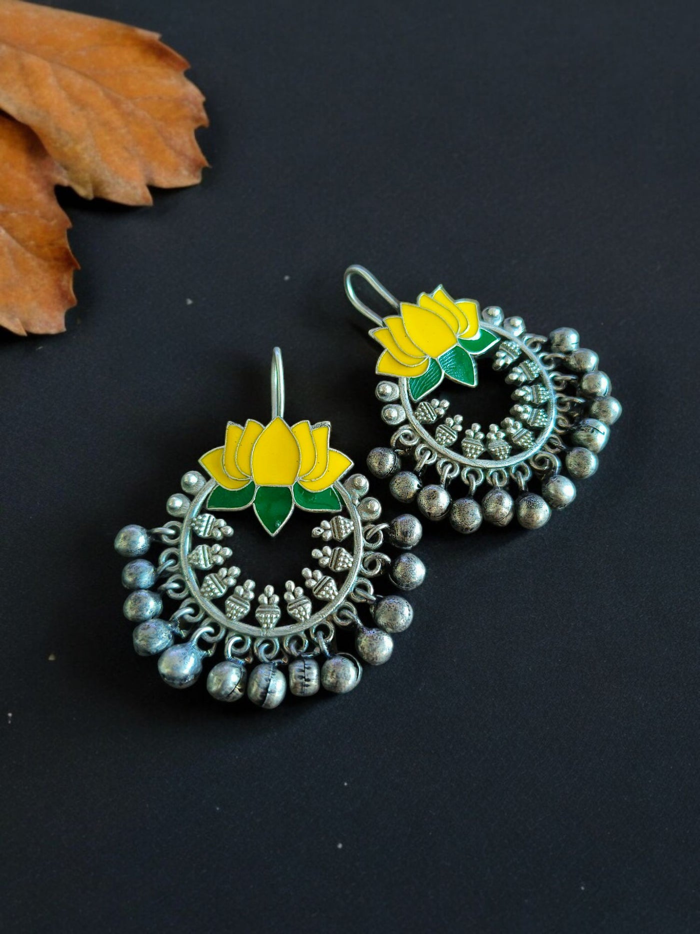 Lotus Design Antique Oxidized Silver Plated Brass Earrings
