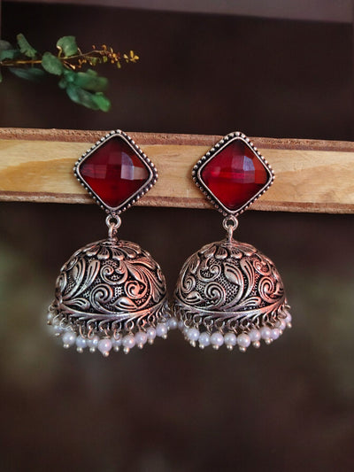 Oxidized Silver Plated Engraved Dome Jhumkas