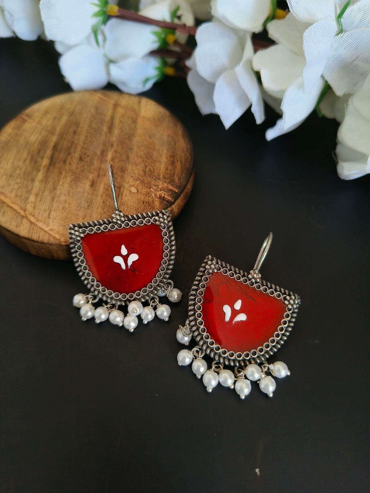 Oxidized Silver Plated Brass Earrings with Pearl Accents