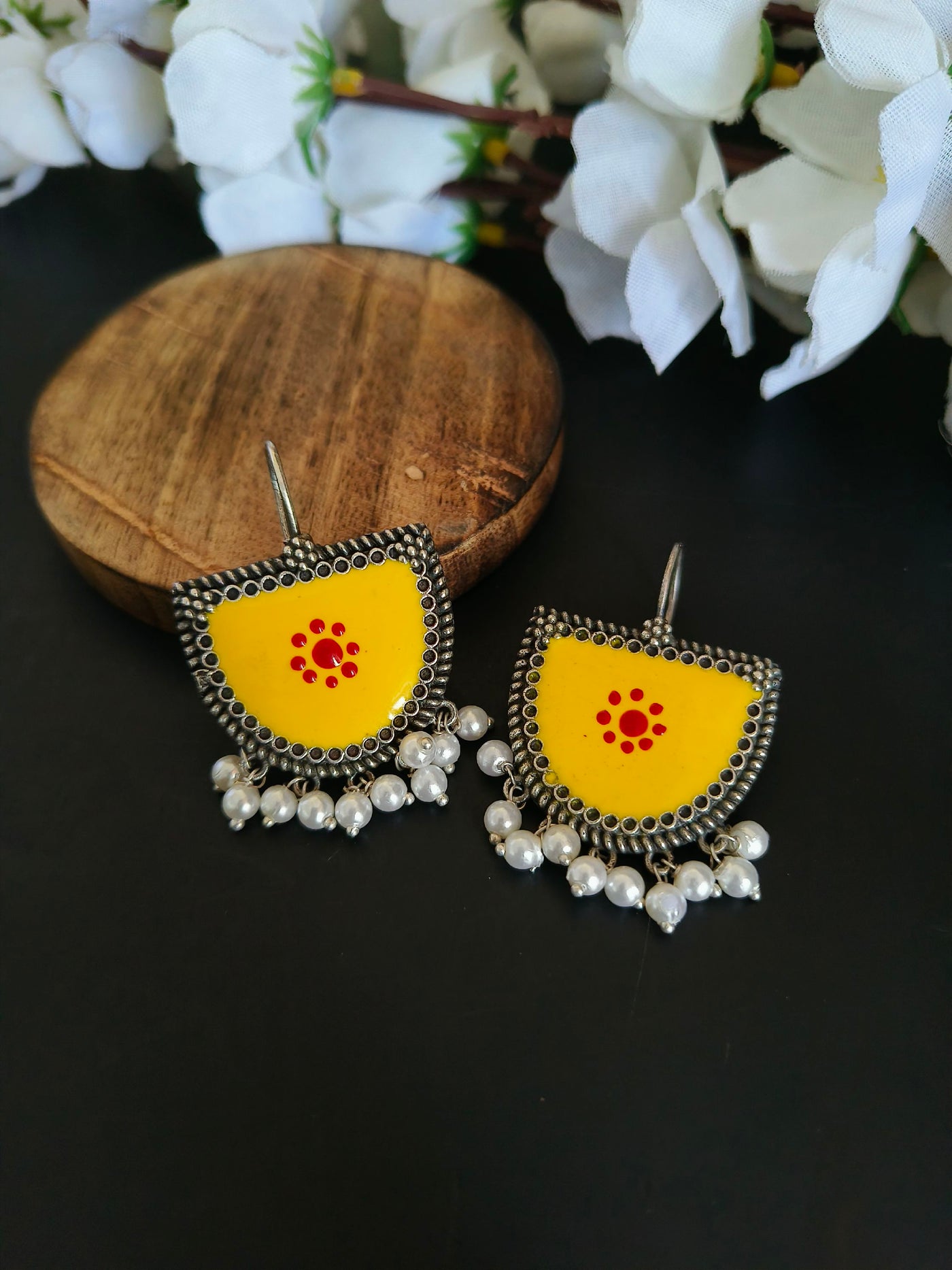 Oxidized Silver Plated Brass Earrings with Pearl Accents
