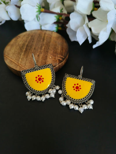 Oxidized Silver Plated Brass Earrings with Pearl Accents